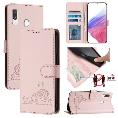 Samsung Galaxy A40 Leather Phone Case with Cat and Rat Embossed Pattern, RFID Protection, Card Holder Slots, Anti-fall Feature & Lanyard