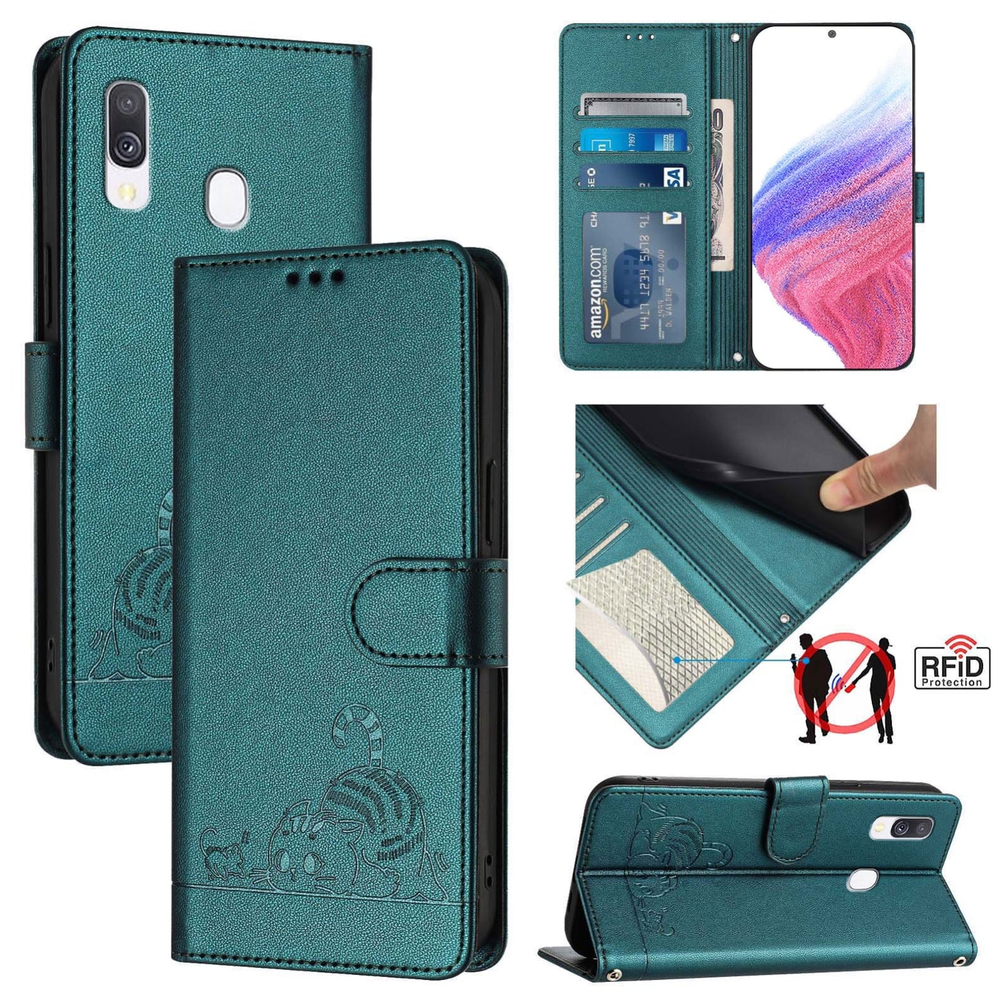 Samsung Galaxy A40 Leather Phone Case with Cat and Rat Embossed Pattern, RFID Protection, Card Holder Slots, Anti-fall Feature & Lanyard