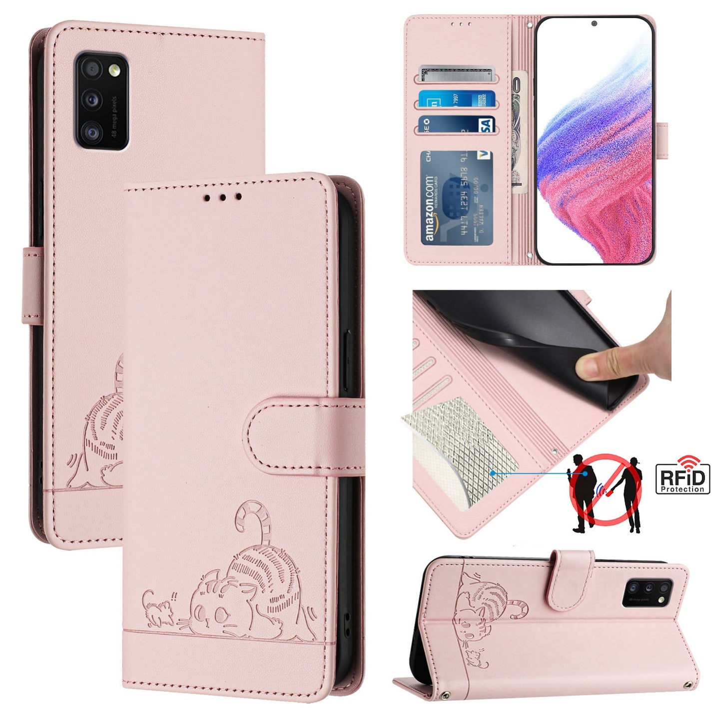 Samsung Galaxy A41 EU Version Leather Phone Case with Cat and Rat Embossed Pattern, RFID Protection, Card Holder Slots, Anti-fall Feature & Lanyard