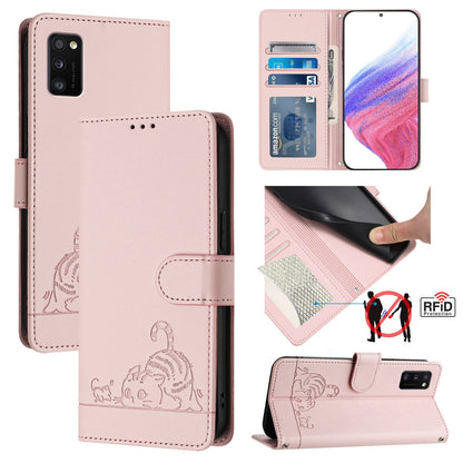 Samsung Galaxy A41 EU Version Leather Phone Case with Cat and Rat Embossed Pattern, RFID Protection, Card Holder Slots, Anti-fall Feature & Lanyard