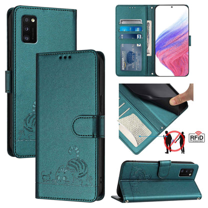 Samsung Galaxy A41 EU Version Leather Phone Case with Cat and Rat Embossed Pattern, RFID Protection, Card Holder Slots, Anti-fall Feature & Lanyard