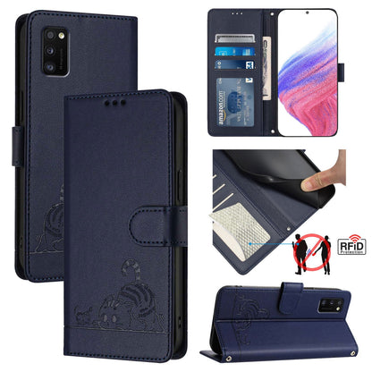 Samsung Galaxy A41 EU Version Leather Phone Case with Cat and Rat Embossed Pattern, RFID Protection, Card Holder Slots, Anti-fall Feature & Lanyard