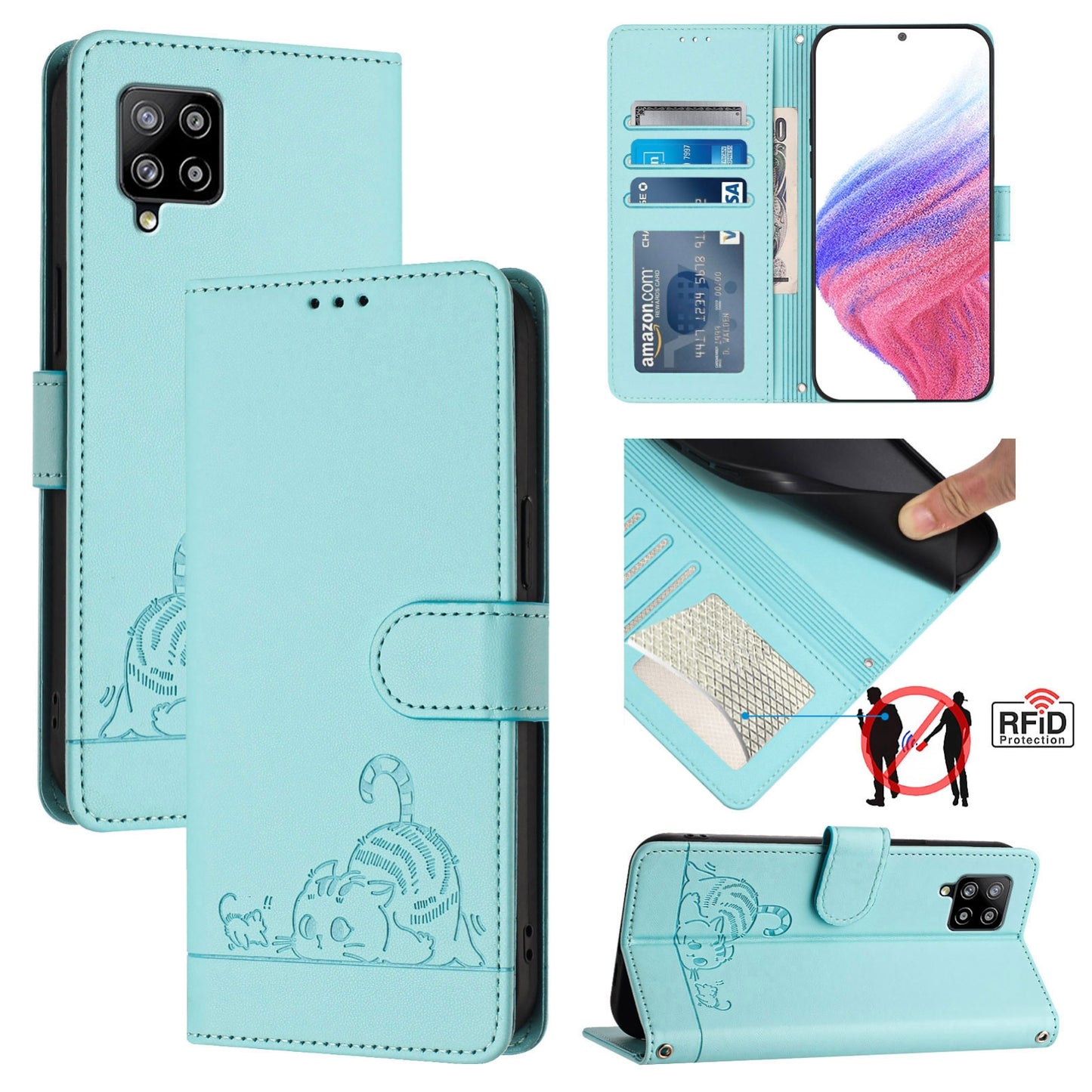 Samsung Galaxy A42 5G Leather Phone Case with Cat and Rat Embossed Pattern, RFID Protection, Card Holder Slots, Anti-fall Feature & Lanyard