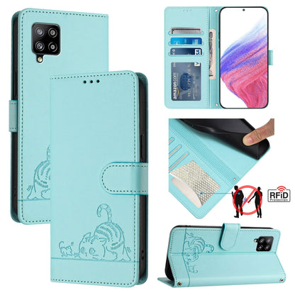 Samsung Galaxy A42 5G Leather Phone Case with Cat and Rat Embossed Pattern, RFID Protection, Card Holder Slots, Anti-fall Feature & Lanyard