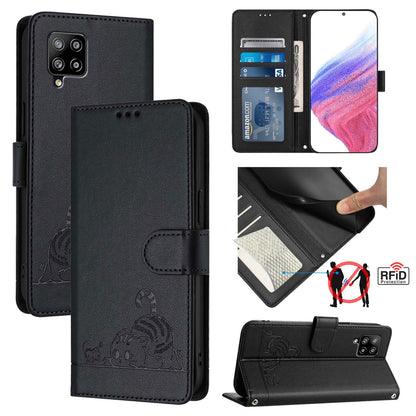 Samsung Galaxy A42 5G Leather Phone Case with Cat and Rat Embossed Pattern, RFID Protection, Card Holder Slots, Anti-fall Feature & Lanyard