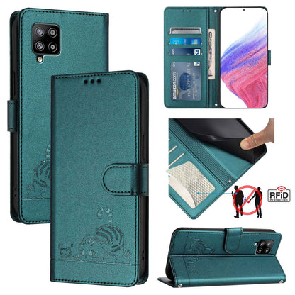 Samsung Galaxy A42 5G Leather Phone Case with Cat and Rat Embossed Pattern, RFID Protection, Card Holder Slots, Anti-fall Feature & Lanyard