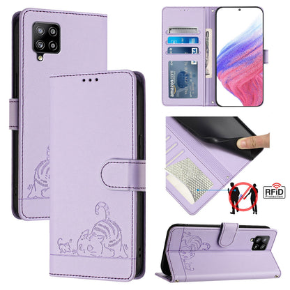 Samsung Galaxy A42 5G Leather Phone Case with Cat and Rat Embossed Pattern, RFID Protection, Card Holder Slots, Anti-fall Feature & Lanyard