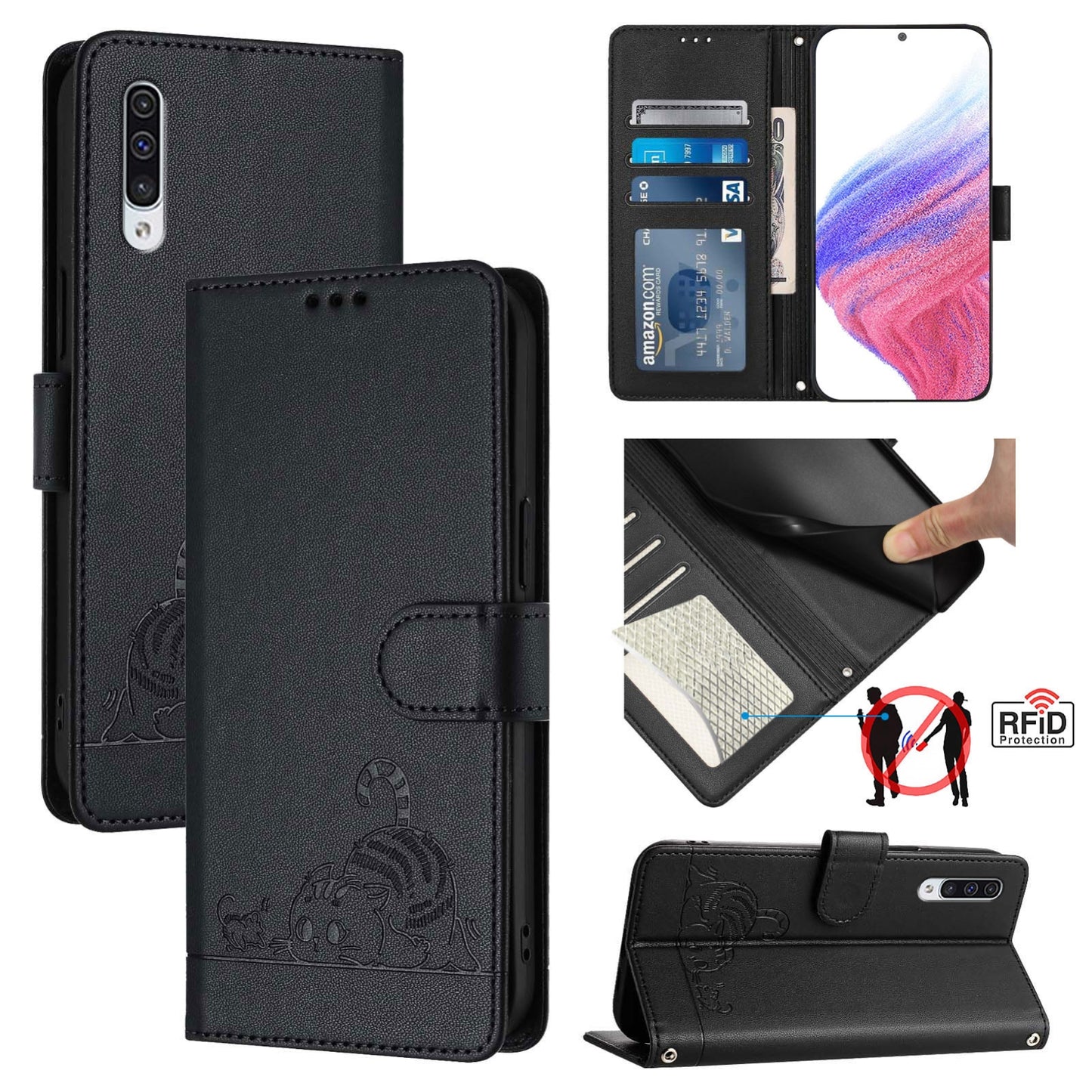 Samsung Galaxy A50 Leather Phone Case with Cat and Rat Embossed Pattern, RFID Protection, Card Holder Slots, Anti-fall Feature & Lanyard