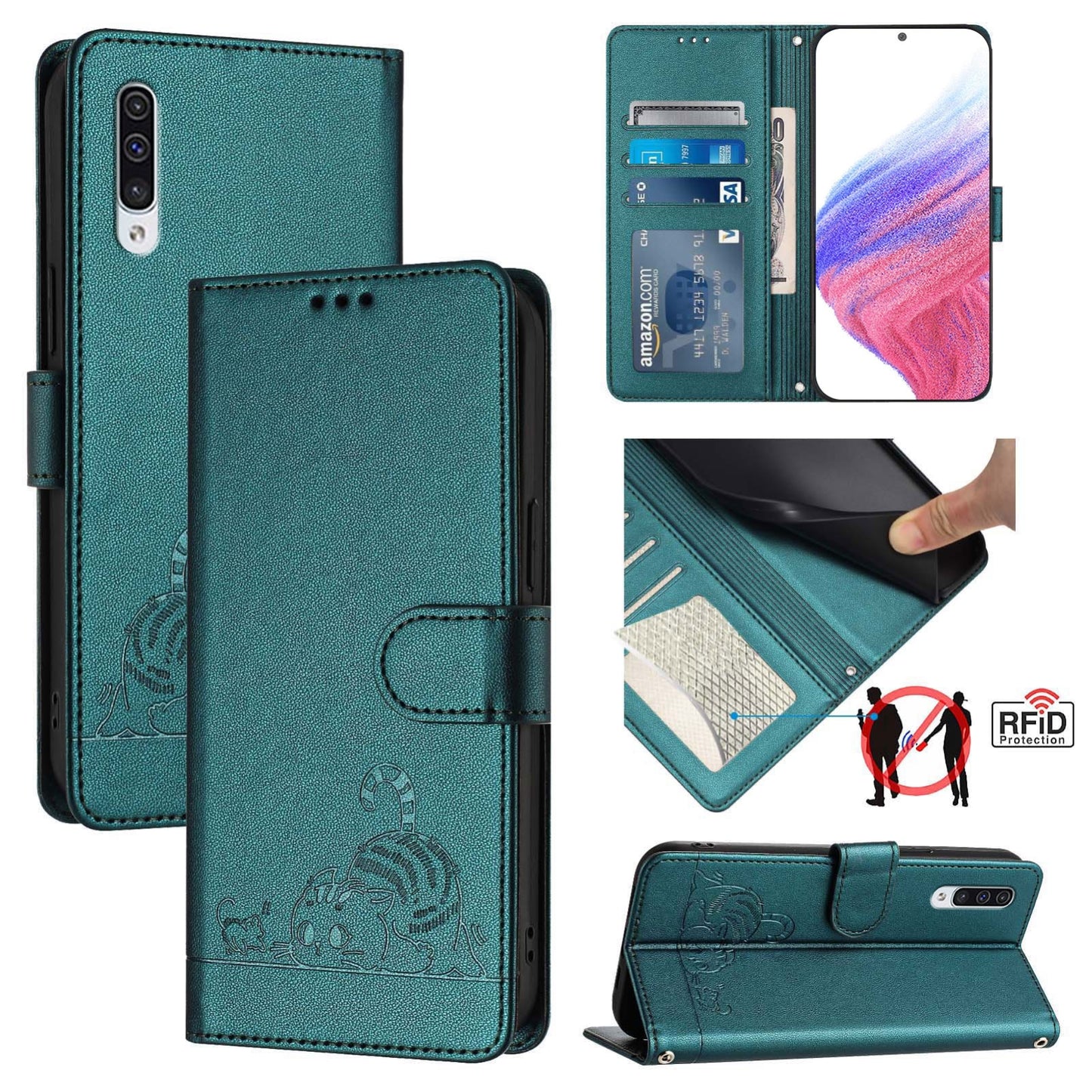 Samsung Galaxy A50 Leather Phone Case with Cat and Rat Embossed Pattern, RFID Protection, Card Holder Slots, Anti-fall Feature & Lanyard