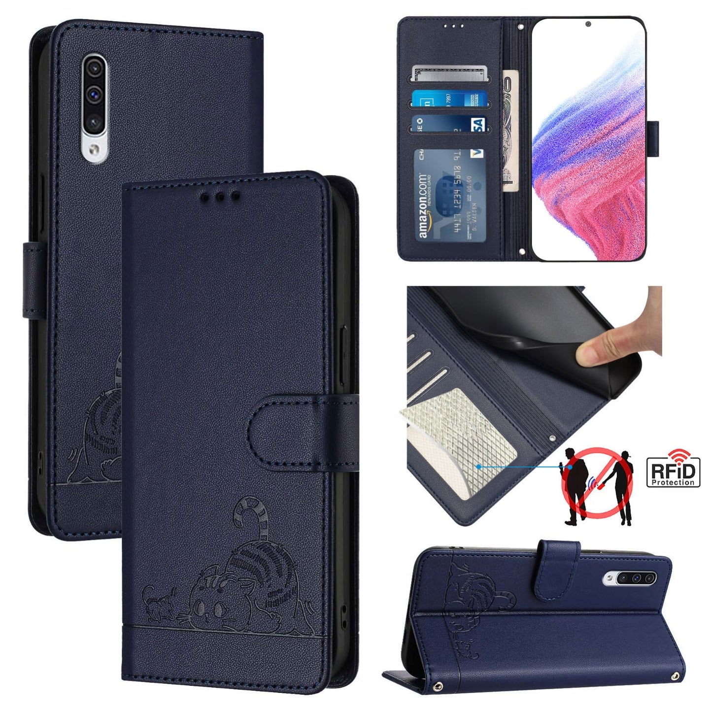 Samsung Galaxy A50 Leather Phone Case with Cat and Rat Embossed Pattern, RFID Protection, Card Holder Slots, Anti-fall Feature & Lanyard
