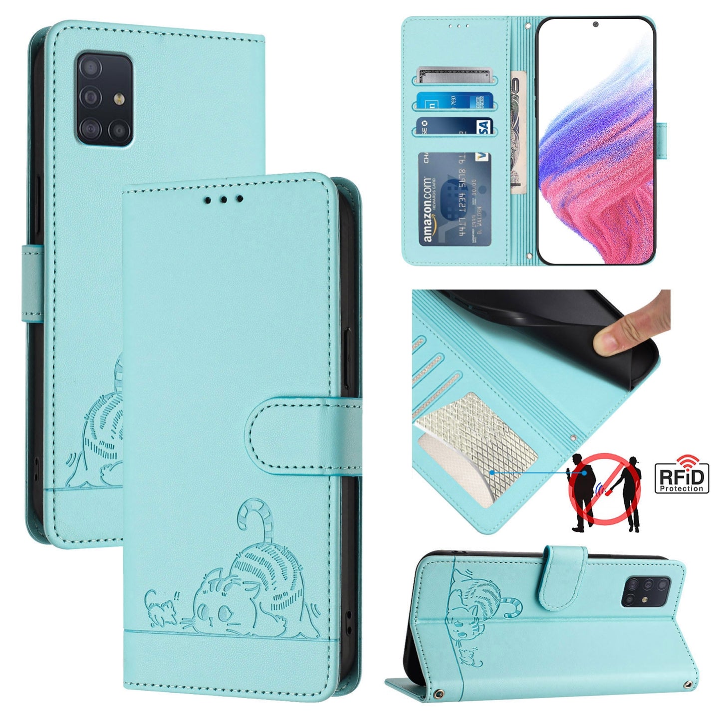Samsung Galaxy A51 5G Leather Phone Case with Cat and Rat Embossed Pattern, RFID Protection, Card Holder Slots, Anti-fall Feature & Lanyard
