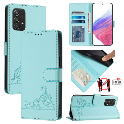 Samsung Galaxy A52 5G Leather Phone Case with Cat and Rat Embossed Pattern, RFID Protection, Card Holder Slots, Anti-fall Feature & Lanyard