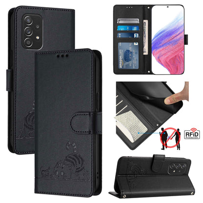 Samsung Galaxy A52 4G Leather Phone Case with Cat and Rat Embossed Pattern, RFID Protection, Card Holder Slots, Anti-fall Feature & Lanyard