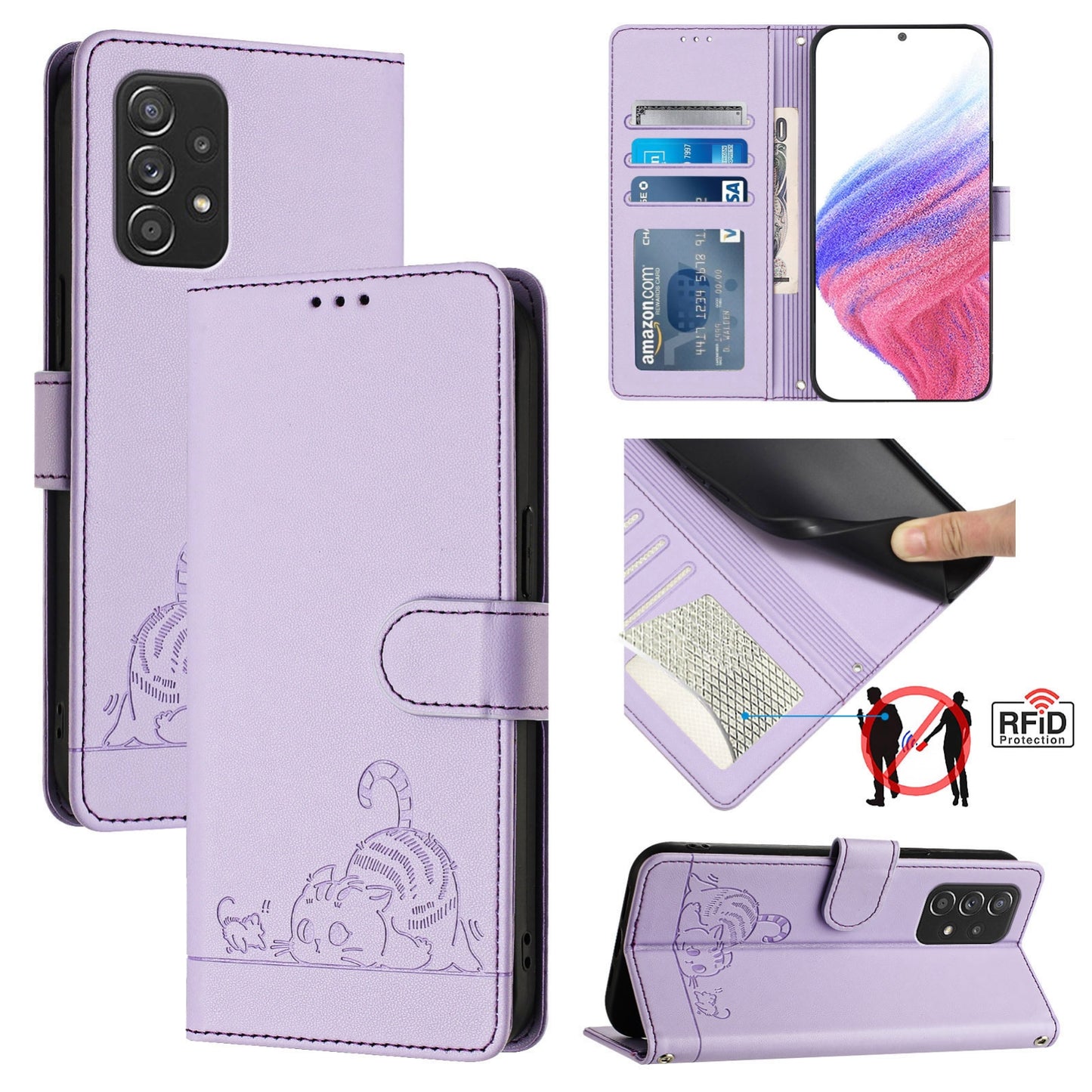 Samsung Galaxy A52s 5G Leather Phone Case with Cat and Rat Embossed Pattern, RFID Protection, Card Holder Slots, Anti-fall Feature & Lanyard