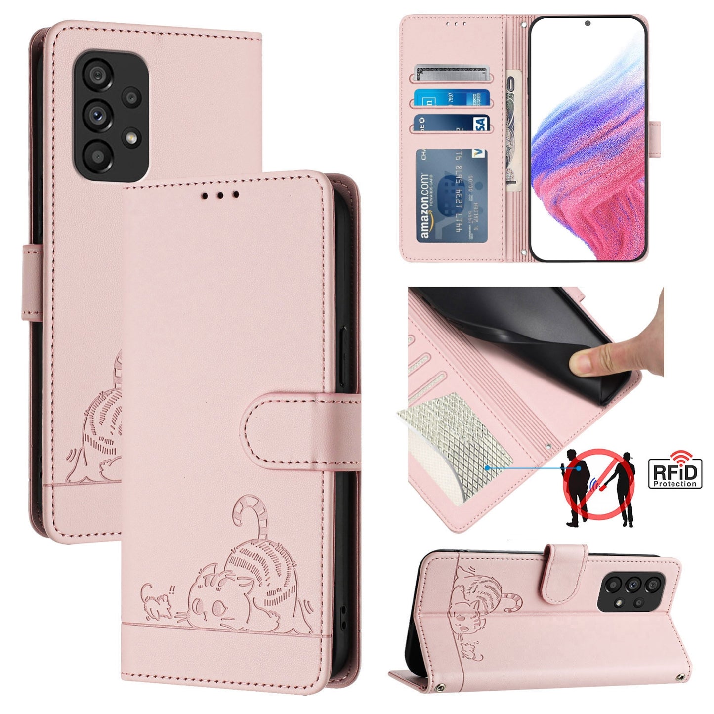Samsung Galaxy A53 5G Leather Phone Case with Cat and Rat Embossed Pattern, RFID Protection, Card Holder Slots, Anti-fall Feature & Lanyard
