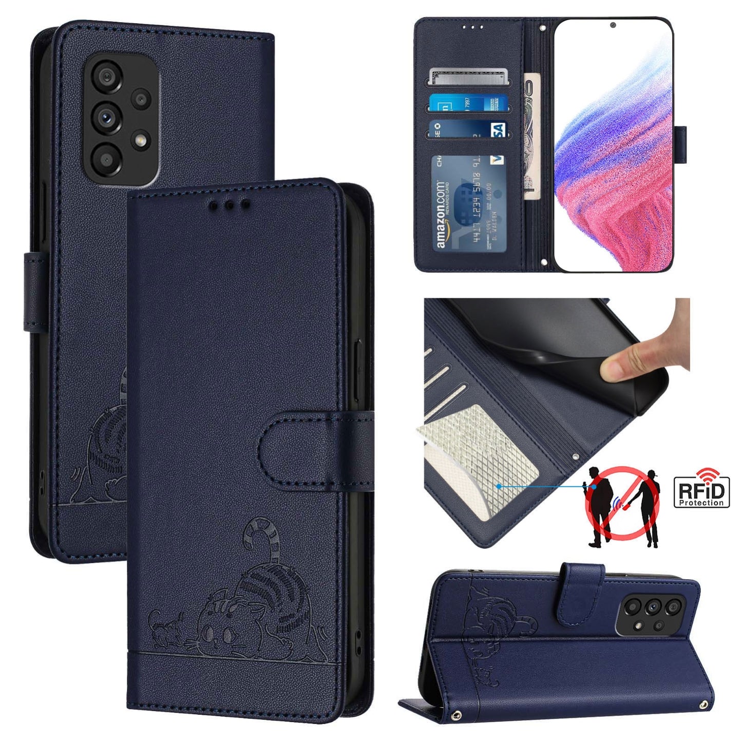Samsung Galaxy A53 5G Leather Phone Case with Cat and Rat Embossed Pattern, RFID Protection, Card Holder Slots, Anti-fall Feature & Lanyard