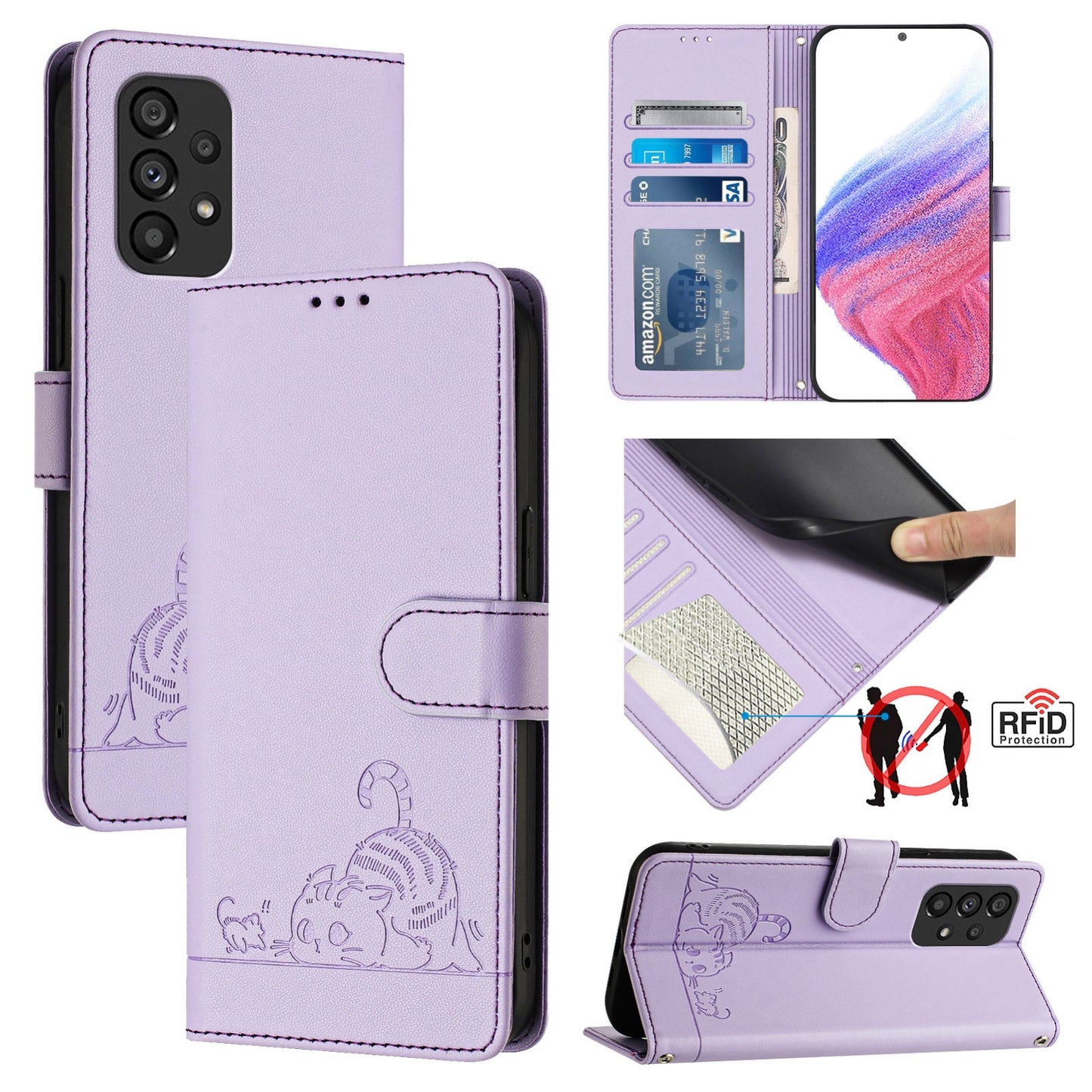 Samsung Galaxy A53 5G Leather Phone Case with Cat and Rat Embossed Pattern, RFID Protection, Card Holder Slots, Anti-fall Feature & Lanyard