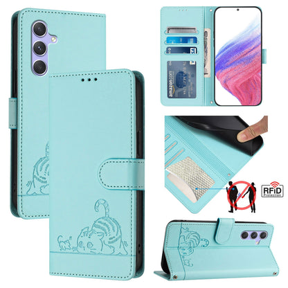 Samsung Galaxy A54 5G Leather Phone Case with Cat and Rat Embossed Pattern, RFID Protection, Card Holder Slots, Anti-fall Feature & Lanyard