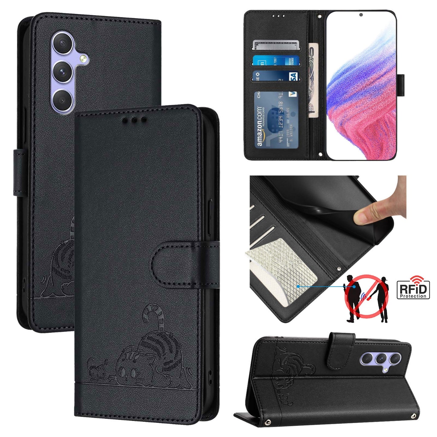 Samsung Galaxy A54 5G Leather Phone Case with Cat and Rat Embossed Pattern, RFID Protection, Card Holder Slots, Anti-fall Feature & Lanyard