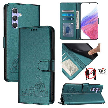 Samsung Galaxy A54 5G Leather Phone Case with Cat and Rat Embossed Pattern, RFID Protection, Card Holder Slots, Anti-fall Feature & Lanyard