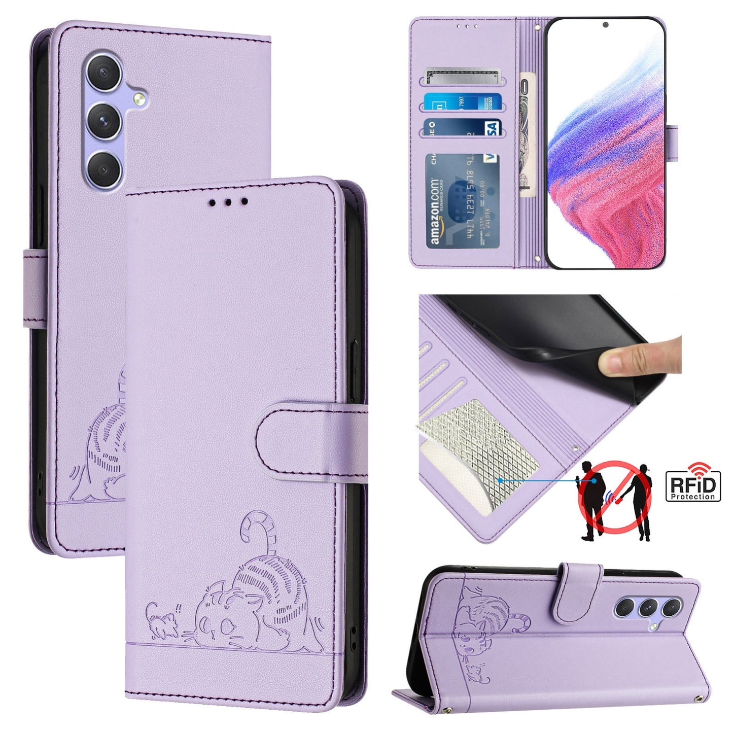 Samsung Galaxy A54 5G Leather Phone Case with Cat and Rat Embossed Pattern, RFID Protection, Card Holder Slots, Anti-fall Feature & Lanyard