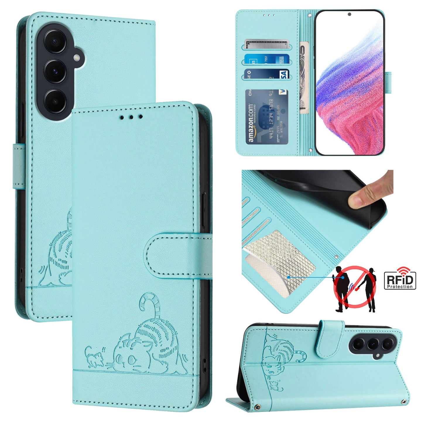 Samsung Galaxy A55 5G Leather Phone Case with Cat and Rat Embossed Pattern, RFID Protection, Card Holder Slots, Anti-fall Feature & Lanyard