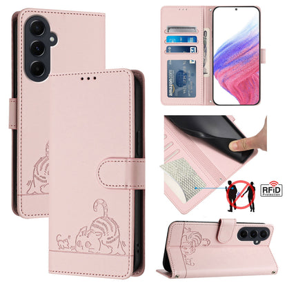Samsung Galaxy A55 5G Leather Phone Case with Cat and Rat Embossed Pattern, RFID Protection, Card Holder Slots, Anti-fall Feature & Lanyard