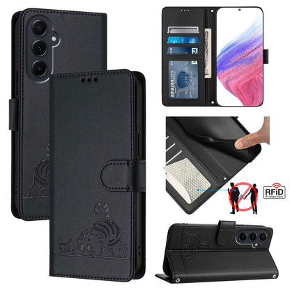 Samsung Galaxy A55 5G Leather Phone Case with Cat and Rat Embossed Pattern, RFID Protection, Card Holder Slots, Anti-fall Feature & Lanyard