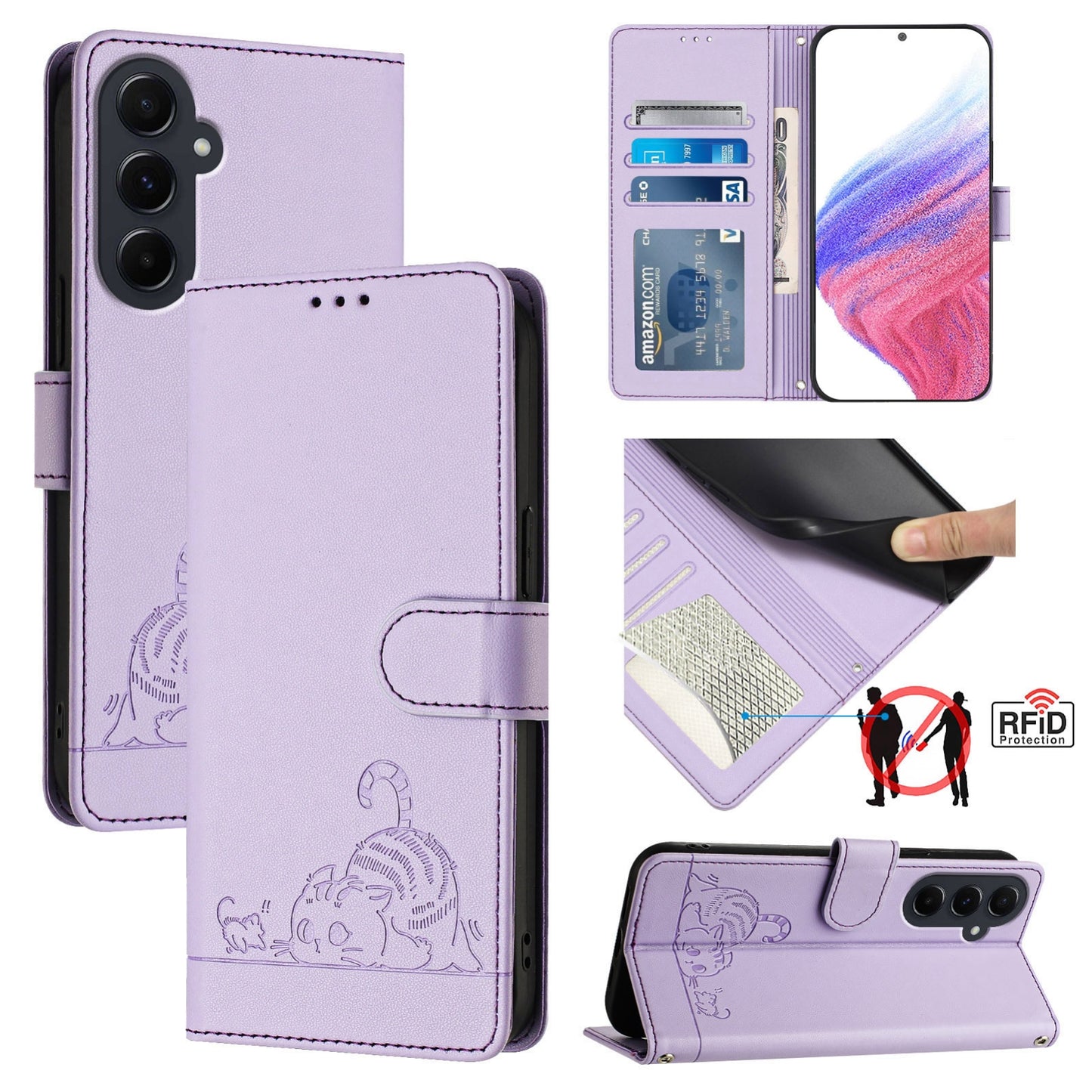 Samsung Galaxy A55 5G Leather Phone Case with Cat and Rat Embossed Pattern, RFID Protection, Card Holder Slots, Anti-fall Feature & Lanyard