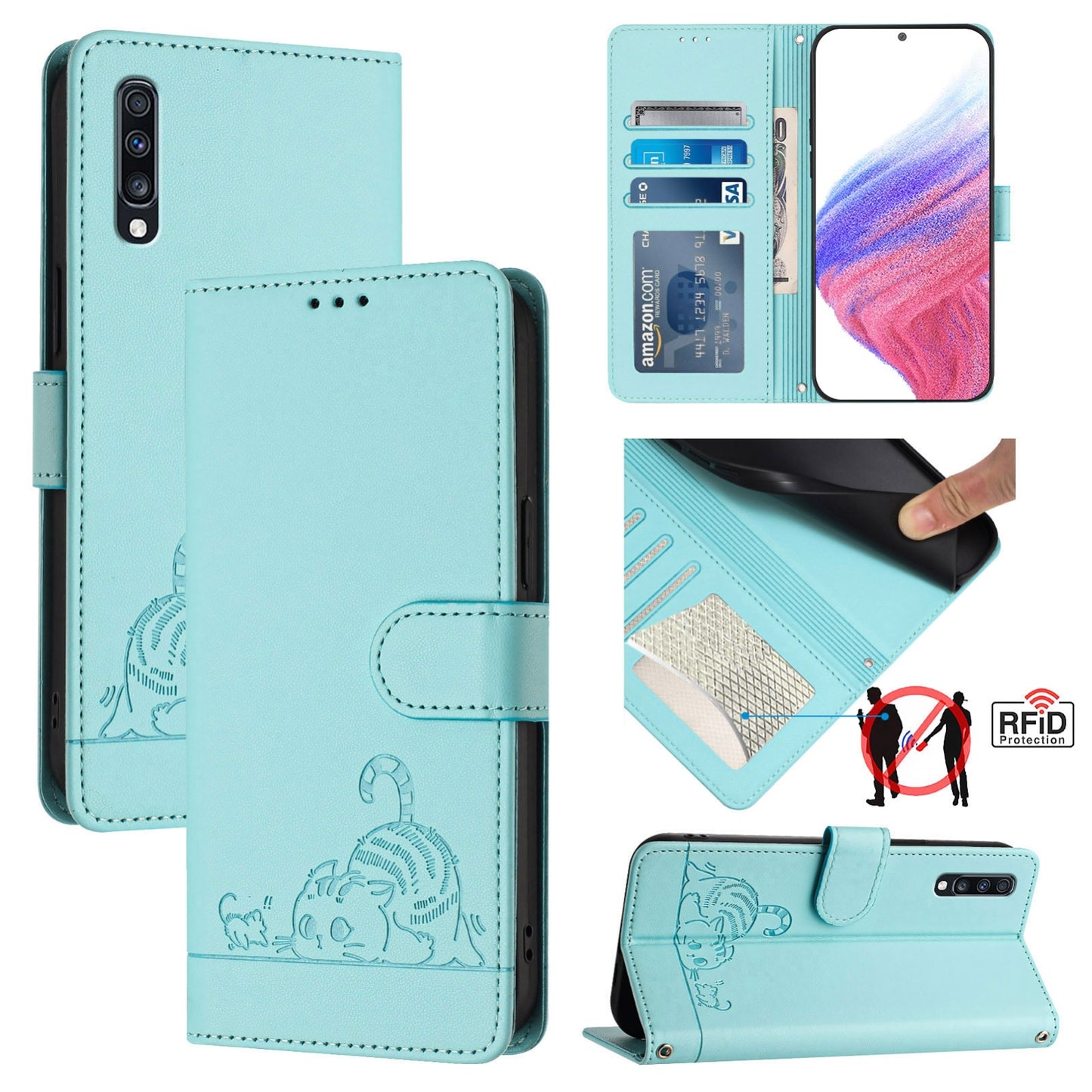 Samsung Galaxy A70s Leather Phone Case with Cat and Rat Embossed Pattern, RFID Protection, Card Holder Slots, Anti-fall Feature & Lanyard