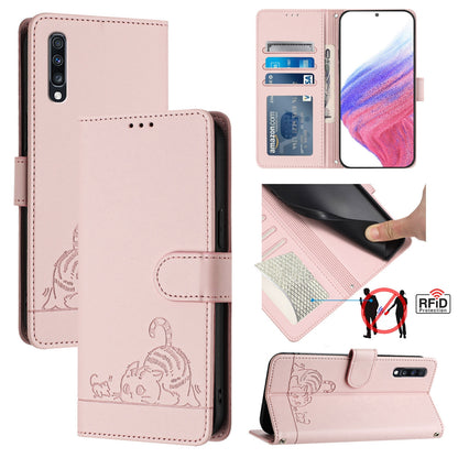 Samsung Galaxy A70 Leather Phone Case with Cat and Rat Embossed Pattern, RFID Protection, Card Holder Slots, Anti-fall Feature & Lanyard