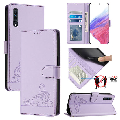 Samsung Galaxy A70 Leather Phone Case with Cat and Rat Embossed Pattern, RFID Protection, Card Holder Slots, Anti-fall Feature & Lanyard