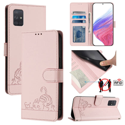 Samsung Galaxy A71 4G Leather Phone Case with Cat and Rat Embossed Pattern, RFID Protection, Card Holder Slots, Anti-fall Feature & Lanyard