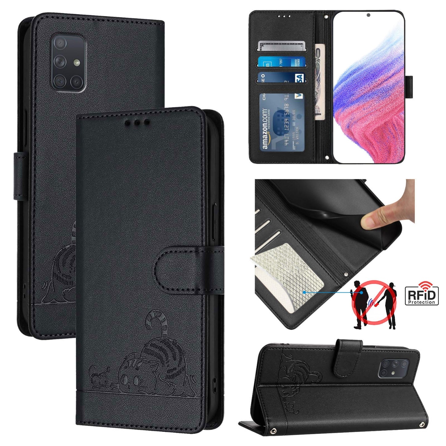 Samsung Galaxy A71 4G Leather Phone Case with Cat and Rat Embossed Pattern, RFID Protection, Card Holder Slots, Anti-fall Feature & Lanyard
