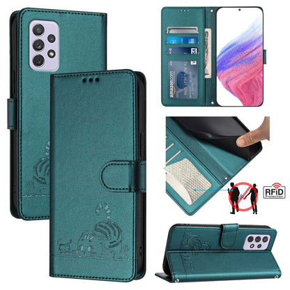 Samsung Galaxy A72 4G Leather Phone Case with Cat and Rat Embossed Pattern, RFID Protection, Card Holder Slots, Anti-fall Feature & Lanyard