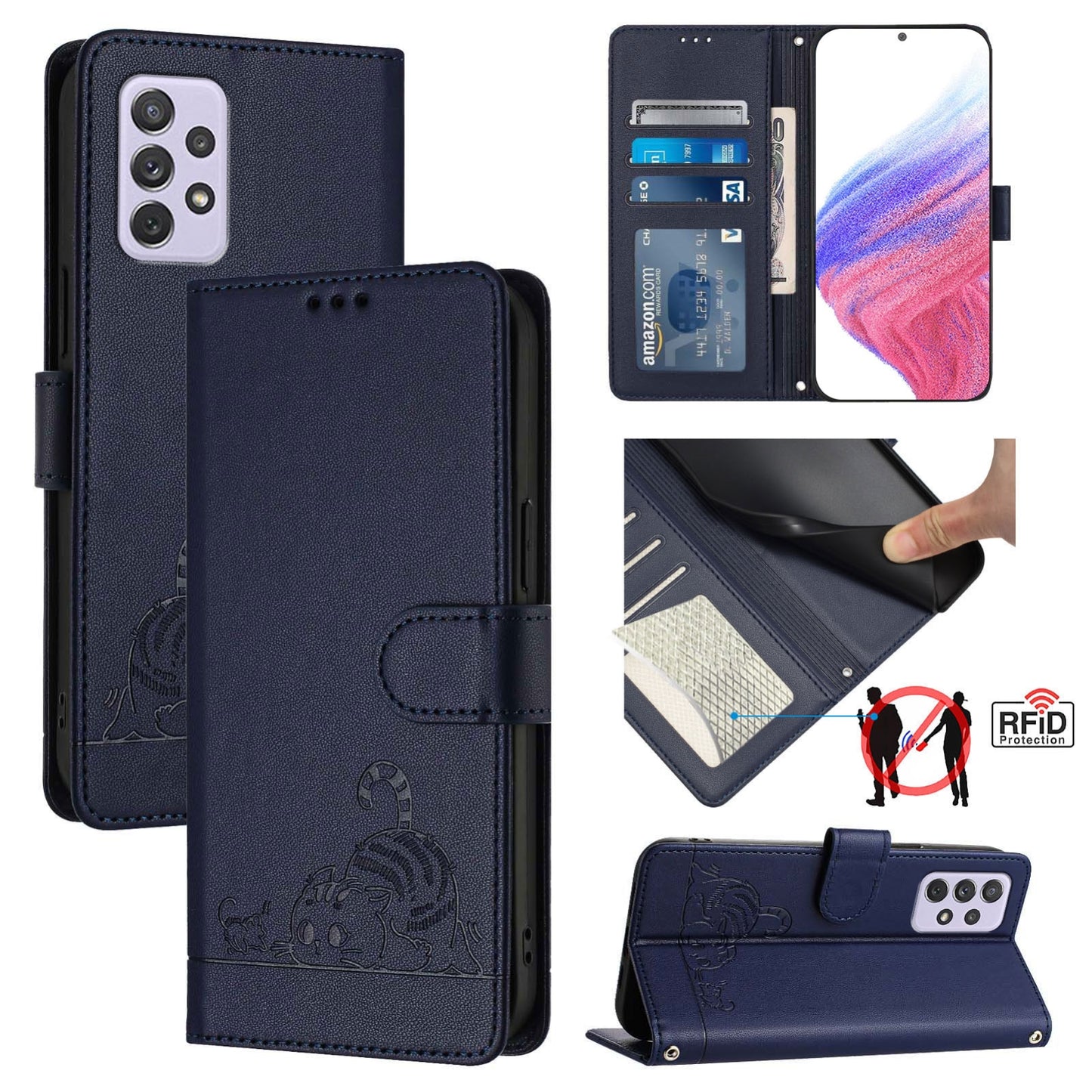 Samsung Galaxy A72 4G Leather Phone Case with Cat and Rat Embossed Pattern, RFID Protection, Card Holder Slots, Anti-fall Feature & Lanyard