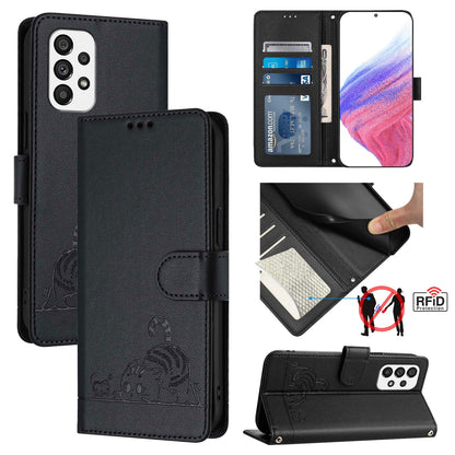 Samsung Galaxy A73 5G Leather Phone Case with Cat and Rat Embossed Pattern, RFID Protection, Card Holder Slots, Anti-fall Feature & Lanyard