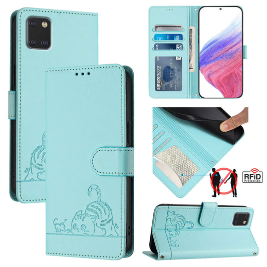 Samsung Galaxy Note 10 Lite Leather Phone Case with Cat and Rat Embossed Pattern, RFID Protection, Card Holder Slots, Anti-fall Feature & Lanyard