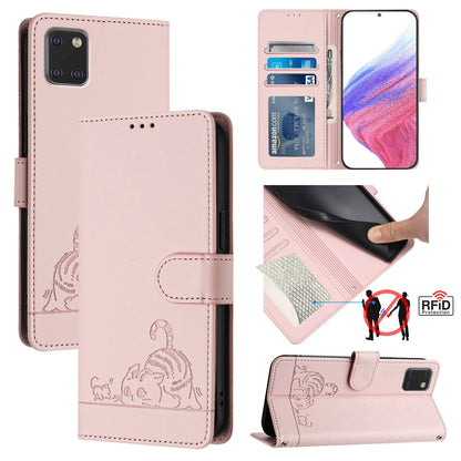 Samsung Galaxy M60s Leather Phone Case with Cat and Rat Embossed Pattern, RFID Protection, Card Holder Slots, Anti-fall Feature & Lanyard