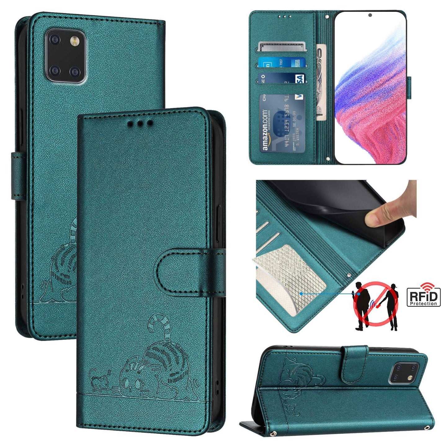 Samsung Galaxy A81 Leather Phone Case with Cat and Rat Embossed Pattern, RFID Protection, Card Holder Slots, Anti-fall Feature & Lanyard