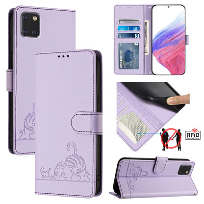 Samsung Galaxy A81 Leather Phone Case with Cat and Rat Embossed Pattern, RFID Protection, Card Holder Slots, Anti-fall Feature & Lanyard