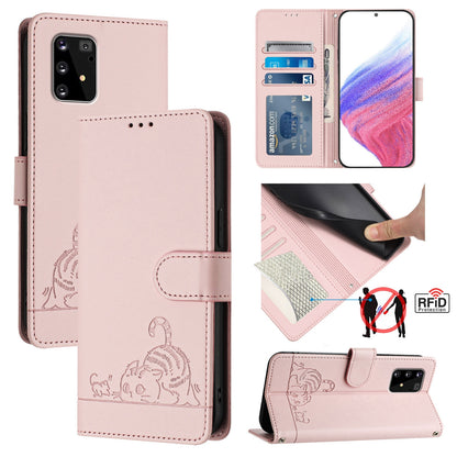 Samsung Galaxy M80s Leather Phone Case with Cat and Rat Embossed Pattern, RFID Protection, Card Holder Slots, Anti-fall Feature & Lanyard