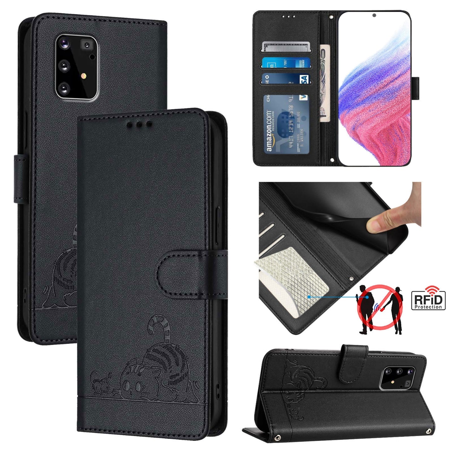Samsung Galaxy A91 Leather Phone Case with Cat and Rat Embossed Pattern, RFID Protection, Card Holder Slots, Anti-fall Feature & Lanyard