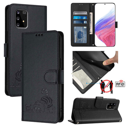 Samsung Galaxy S10 Lite Leather Phone Case with Cat and Rat Embossed Pattern, RFID Protection, Card Holder Slots, Anti-fall Feature & Lanyard