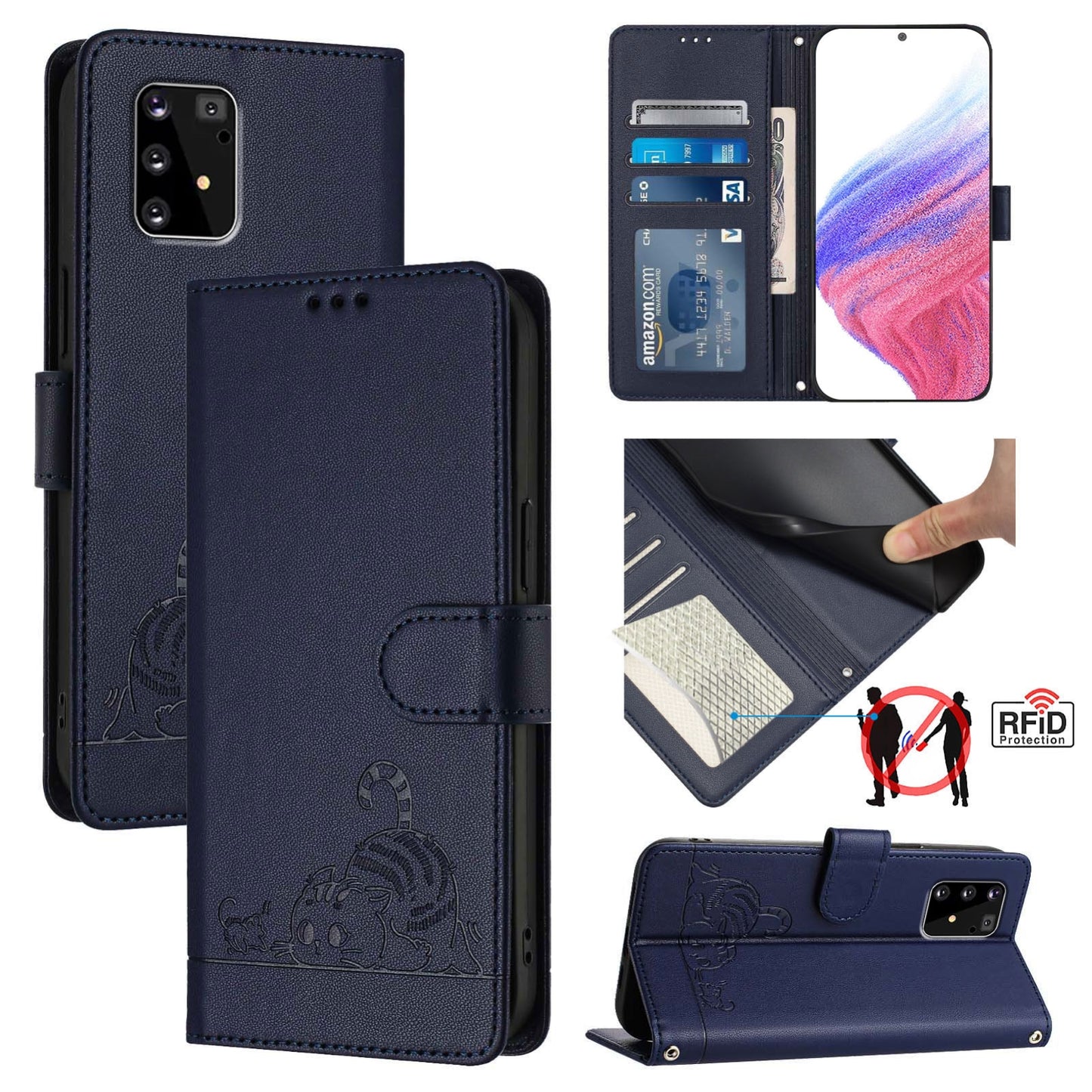 Samsung Galaxy M80s Leather Phone Case with Cat and Rat Embossed Pattern, RFID Protection, Card Holder Slots, Anti-fall Feature & Lanyard