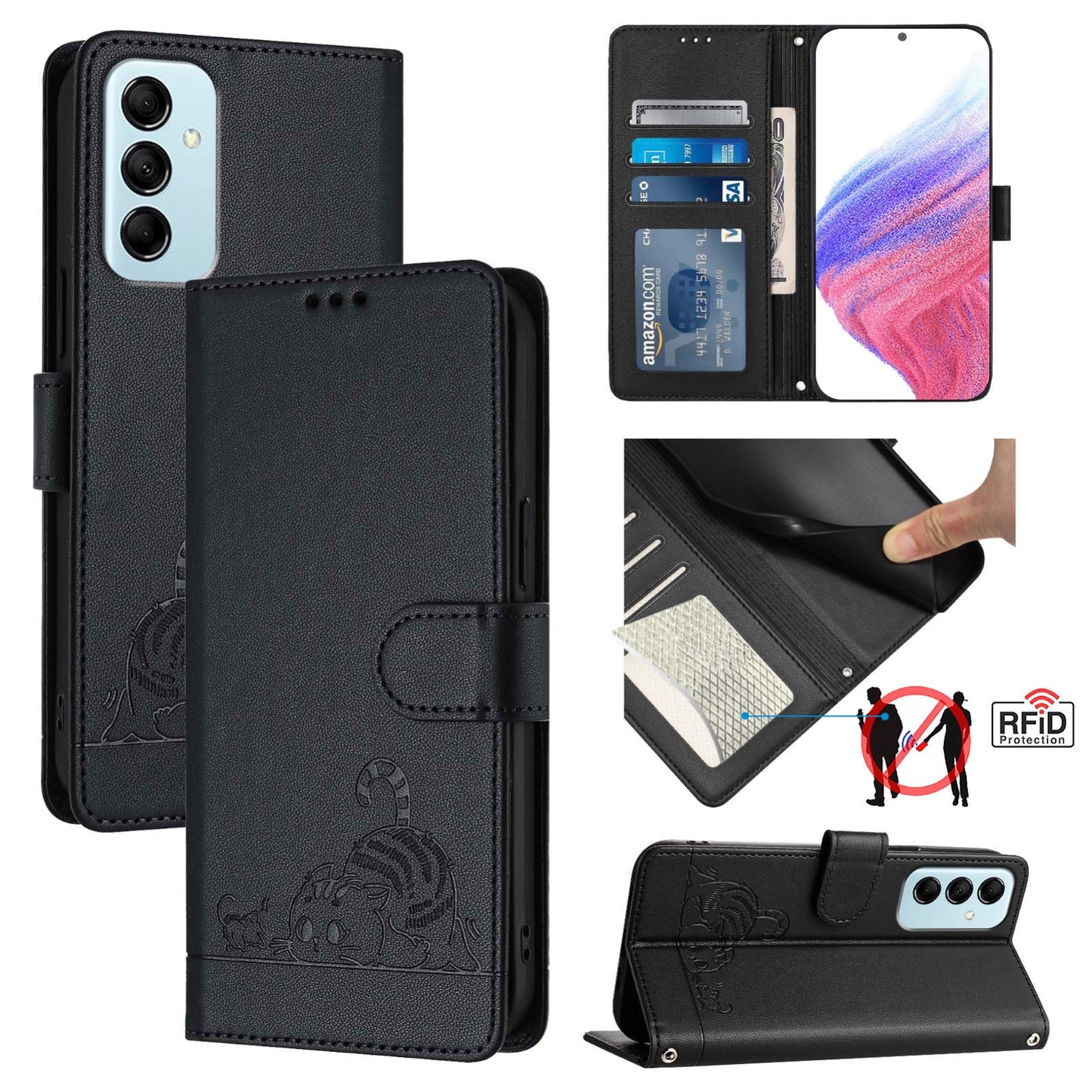 Samsung Galaxy M14 5G Leather Phone Case with Cat and Rat Embossed Pattern, RFID Protection, Card Holder Slots, Anti-fall Feature & Lanyard