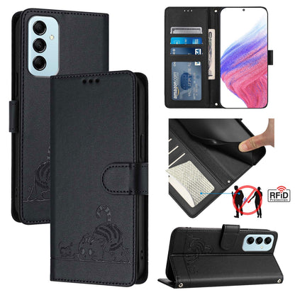 Samsung Galaxy M14 5G Leather Phone Case with Cat and Rat Embossed Pattern, RFID Protection, Card Holder Slots, Anti-fall Feature & Lanyard