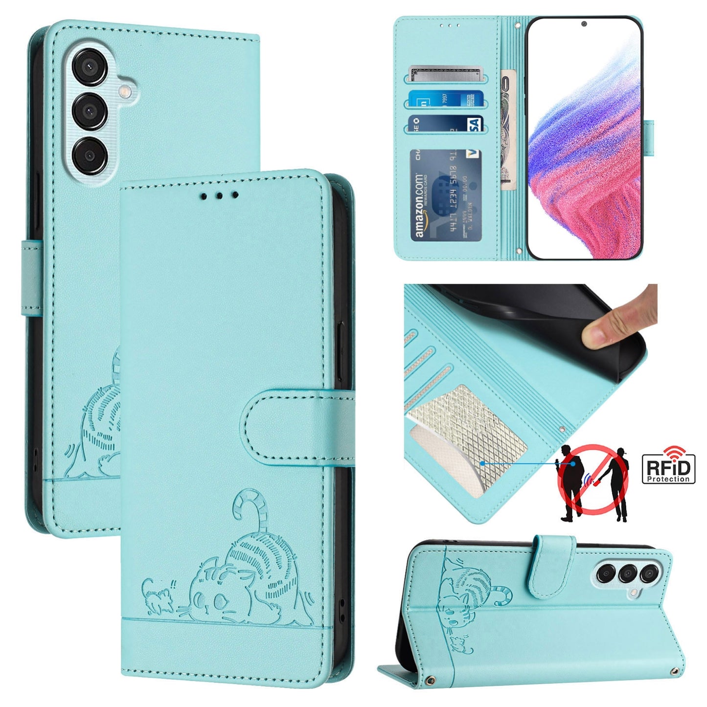 Samsung Galaxy F15 5G Leather Phone Case with Cat and Rat Embossed Pattern, RFID Protection, Card Holder Slots, Anti-fall Feature & Lanyard
