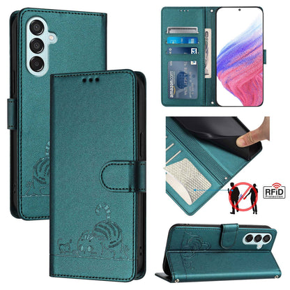 Samsung Galaxy F15 5G Leather Phone Case with Cat and Rat Embossed Pattern, RFID Protection, Card Holder Slots, Anti-fall Feature & Lanyard