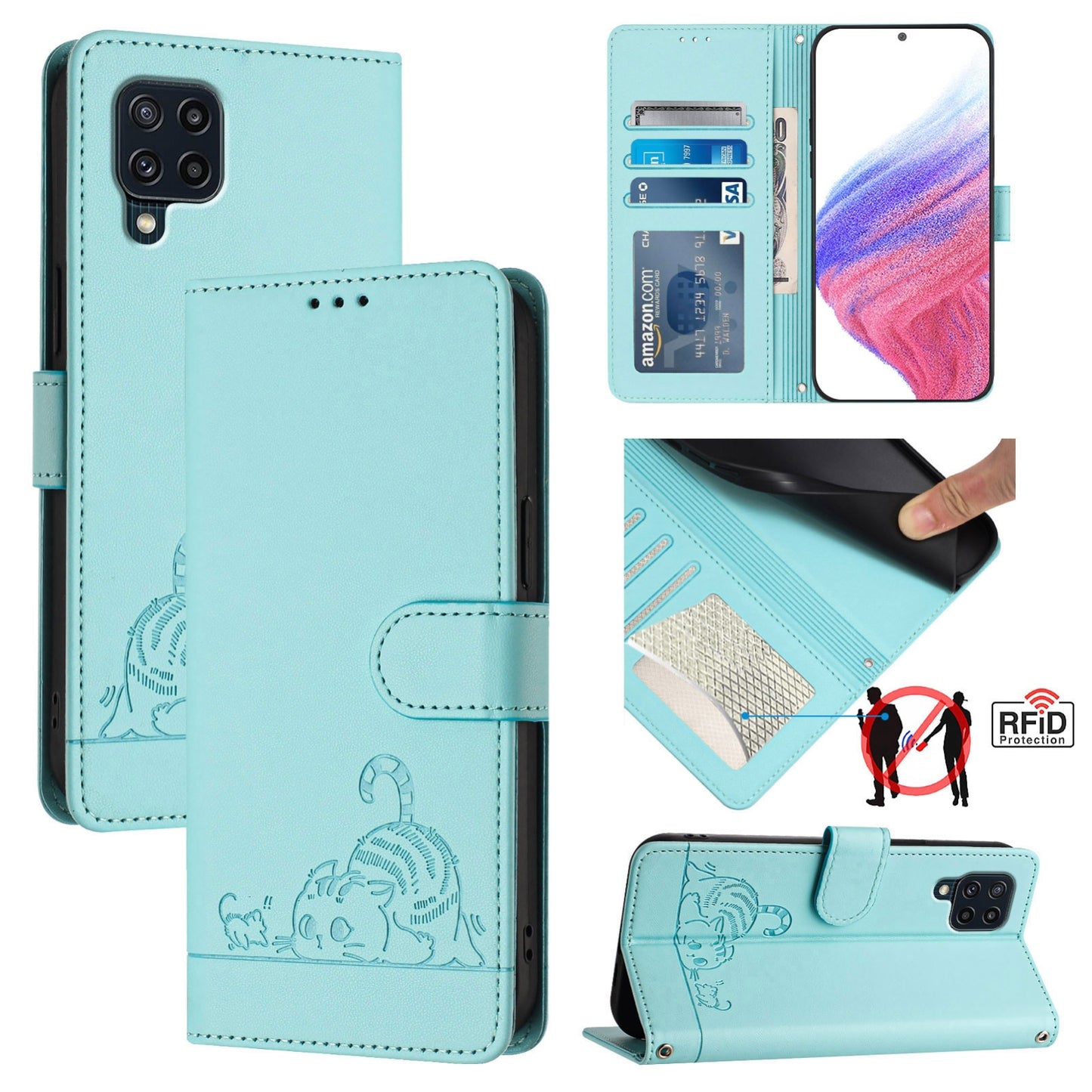 Samsung Galaxy M32 4G Global Leather Phone Case with Cat and Rat Embossed Pattern, RFID Protection, Card Holder Slots, Anti-fall Feature & Lanyard